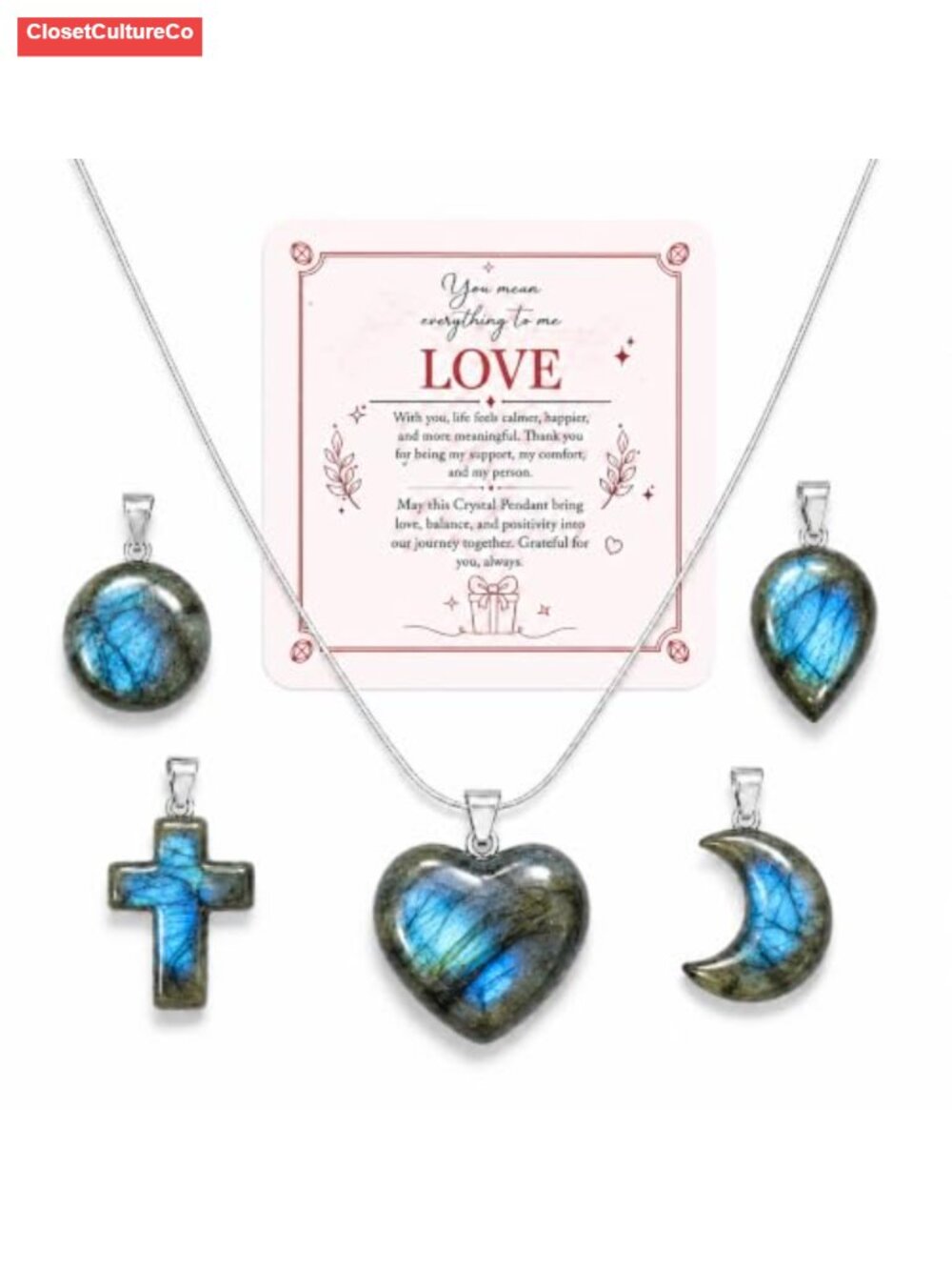5 Labradorite Crystal Pendant Necklace Set Adjustable Chain